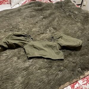 Olive green poplin crop top with off the shoulder puff sleeves